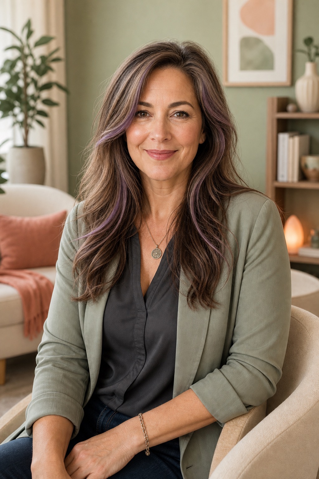 Portrait of adult therapist Lisa McClure in her therapy office